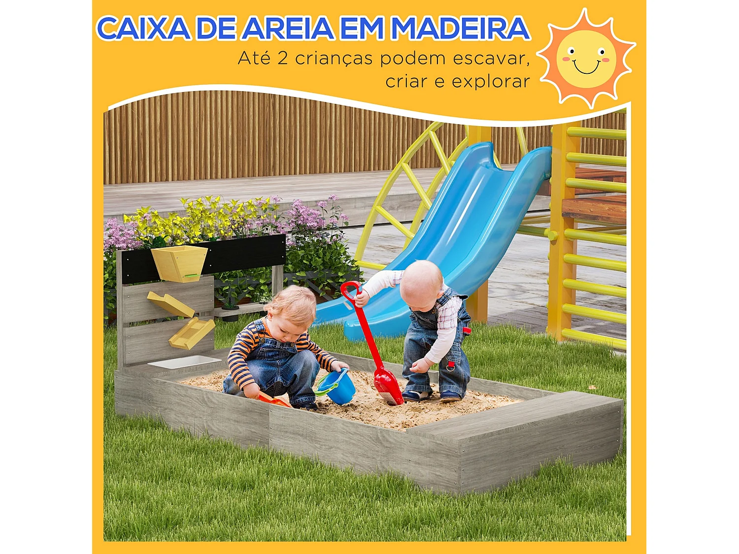 Caixa de Areia Infantil de Madeira Outsunny com Assentos e Acessórios para Brincar ao Ar Livre