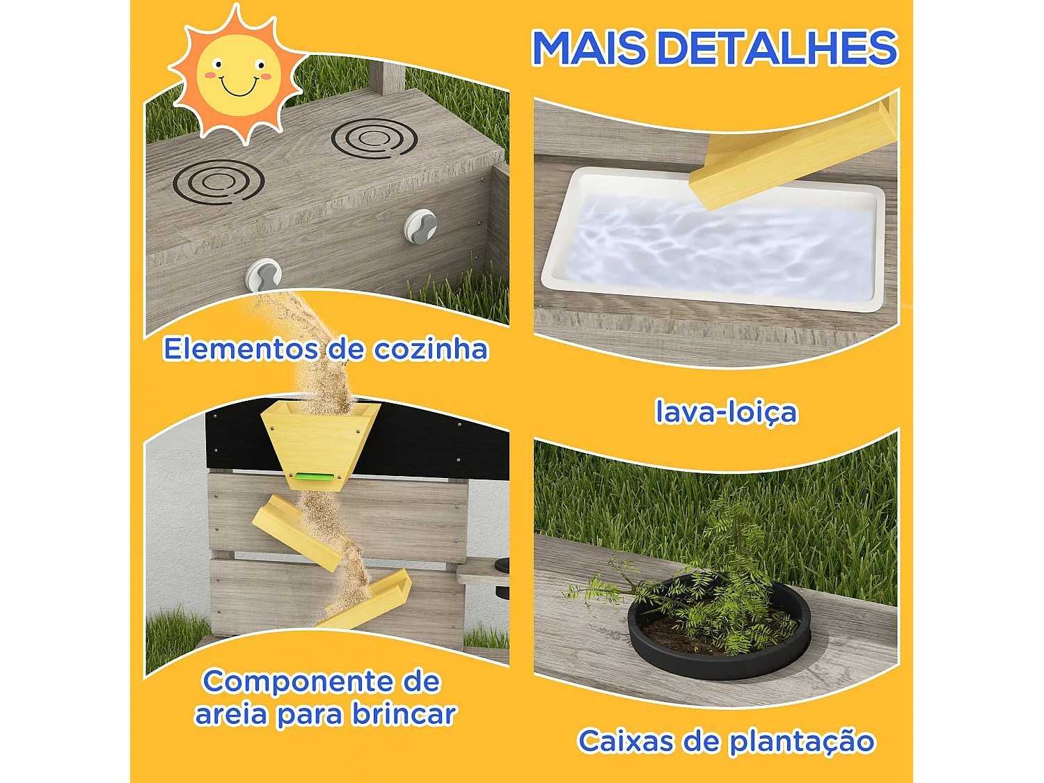 Caixa de Areia Infantil de Madeira Outsunny com Assentos e Acessórios para Brincar ao Ar Livre