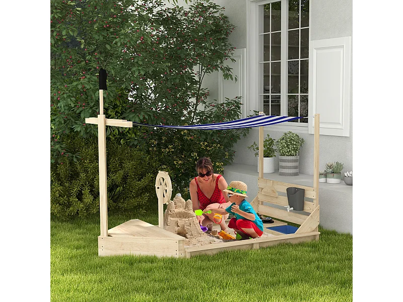 Caixa de Areia Infantil de Madeira com Toldo e Brinquedos - Barco Pirata 180x103x144,5 cm