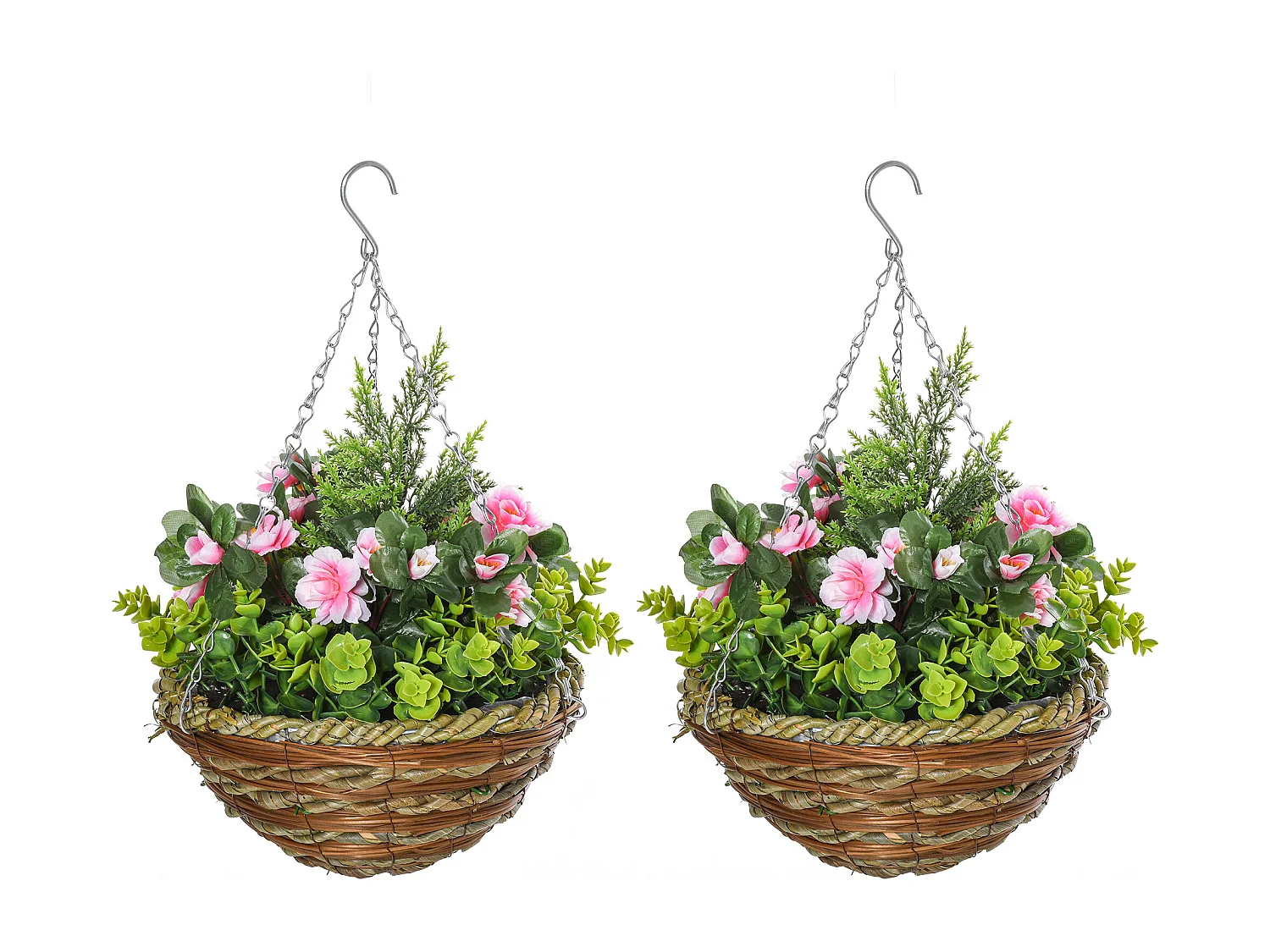 Conjunto de 2 Plantas Artificiais Lisianthus Suspensas com Vaso de Vime - Rosa e Verde - Ø25x34 cm