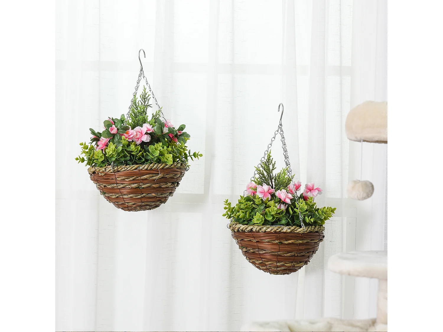 Conjunto de 2 Plantas Artificiais Lisianthus Suspensas com Vaso de Vime - Rosa e Verde - Ø25x34 cm