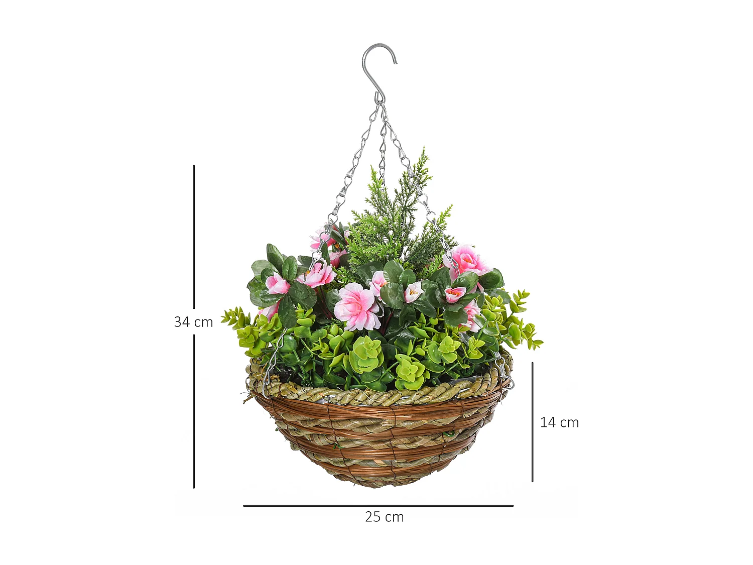 Conjunto de 2 Plantas Artificiais Lisianthus Suspensas com Vaso de Vime - Rosa e Verde - Ø25x34 cm