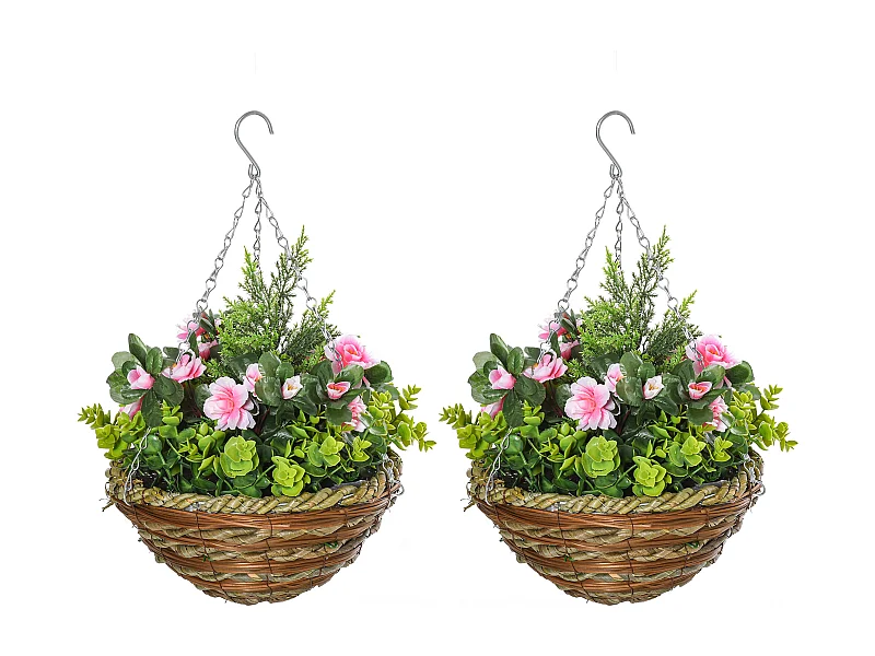 Conjunto de 2 Plantas Artificiais Lisianthus Suspensas com Vaso de Vime - Rosa e Verde - Ø25x34 cm