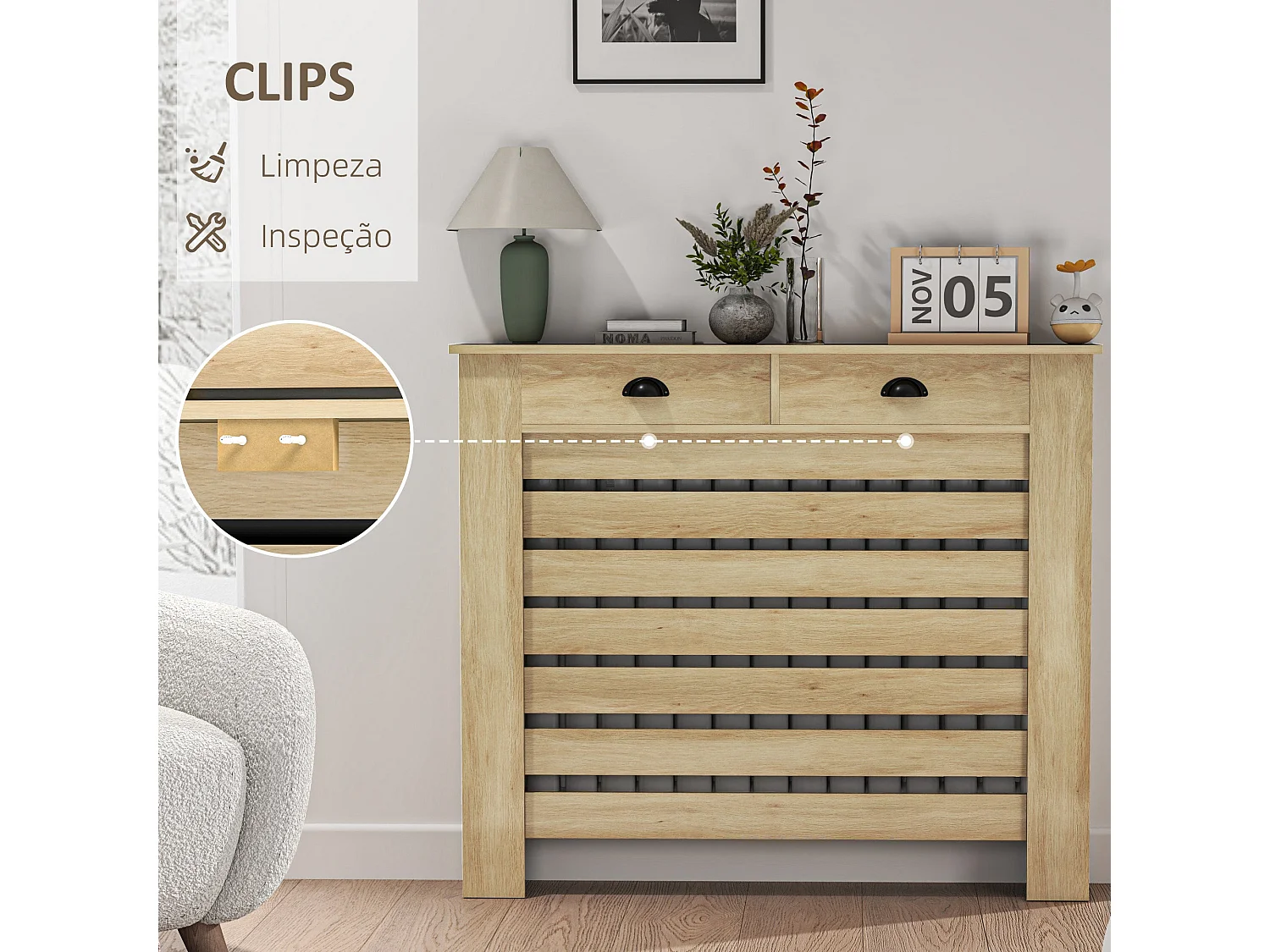 Cobertura Elegante para Radiador com Gavetas em MDF para Sala, Dormitório e Corredor - 111x19x95,5 cm Carvalho