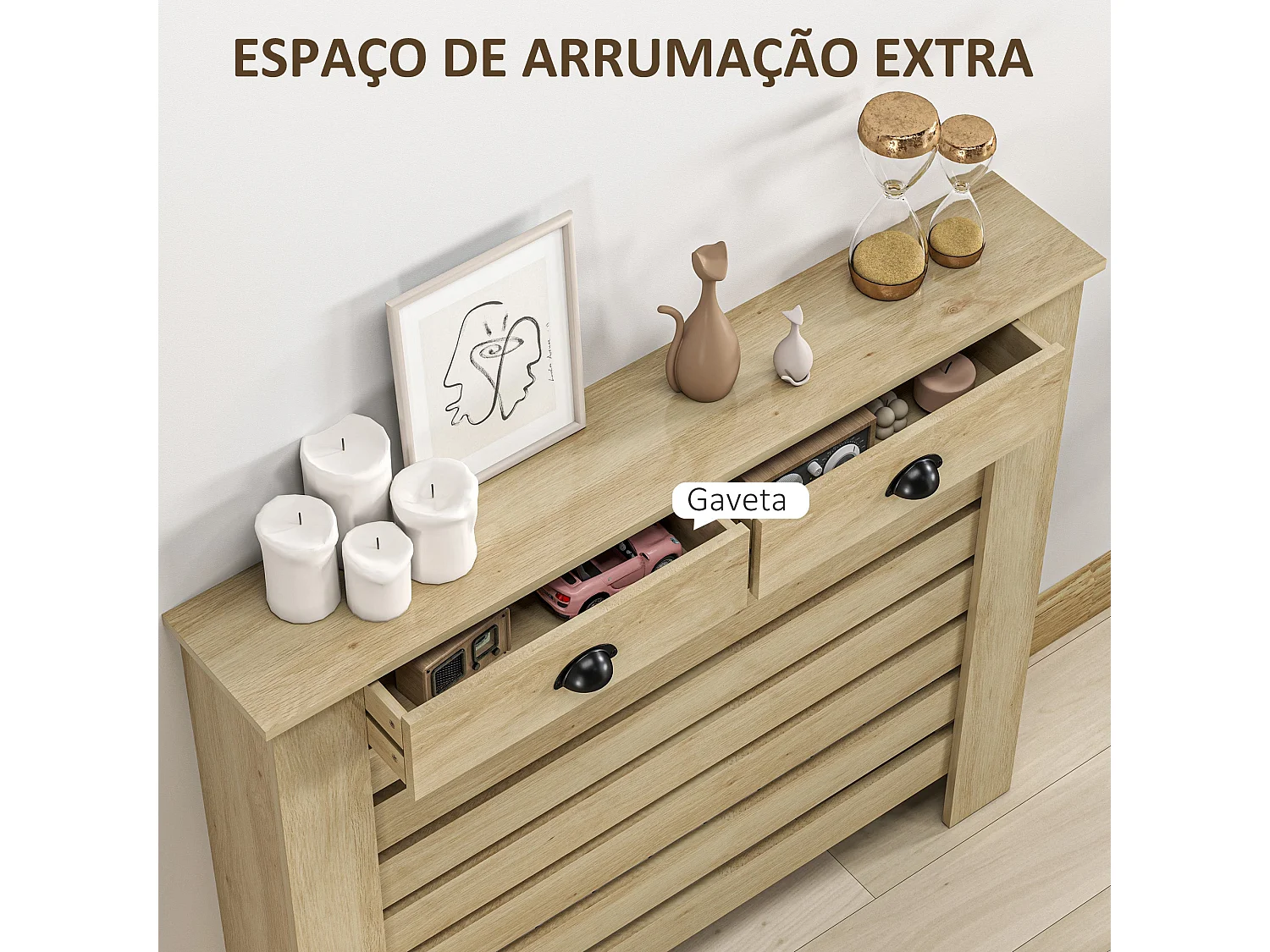 Cobertura Elegante para Radiador com Gavetas em MDF para Sala, Dormitório e Corredor - 111x19x95,5 cm Carvalho