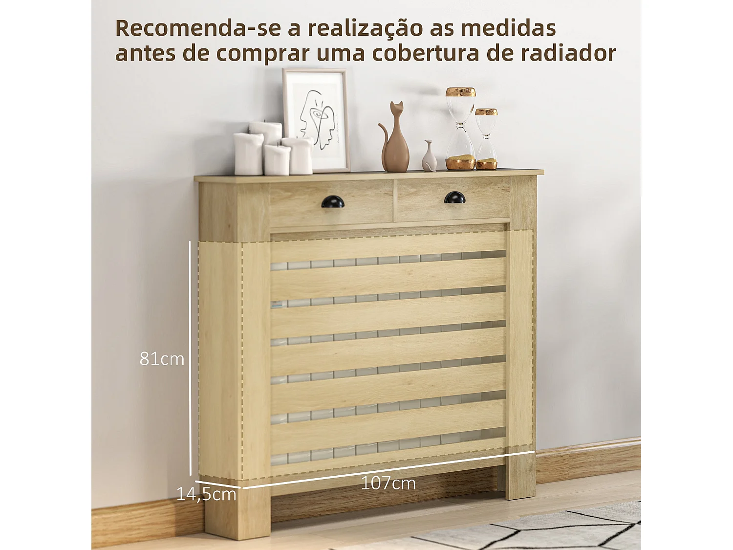 Cobertura Elegante para Radiador com Gavetas em MDF para Sala, Dormitório e Corredor - 111x19x95,5 cm Carvalho