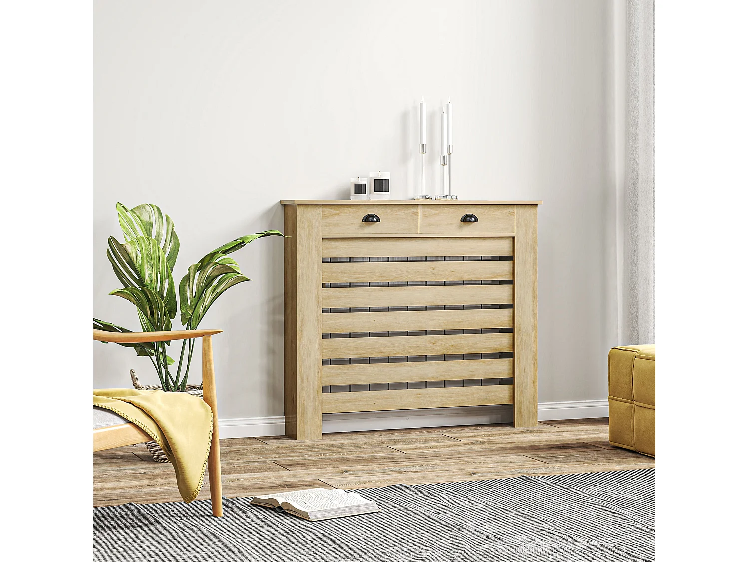 Cobertura Elegante para Radiador com Gavetas em MDF para Sala, Dormitório e Corredor - 111x19x95,5 cm Carvalho