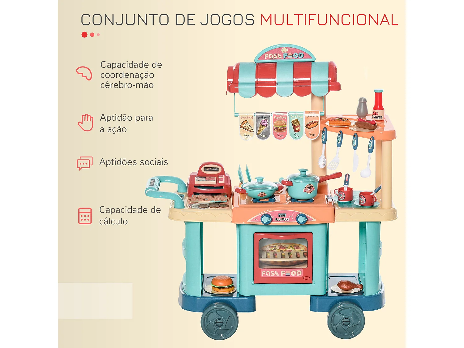 Cozinha de Brinquedo Multicolorida HOMCOM para Crianças de 3 a 6 Anos com 50 Acessórios