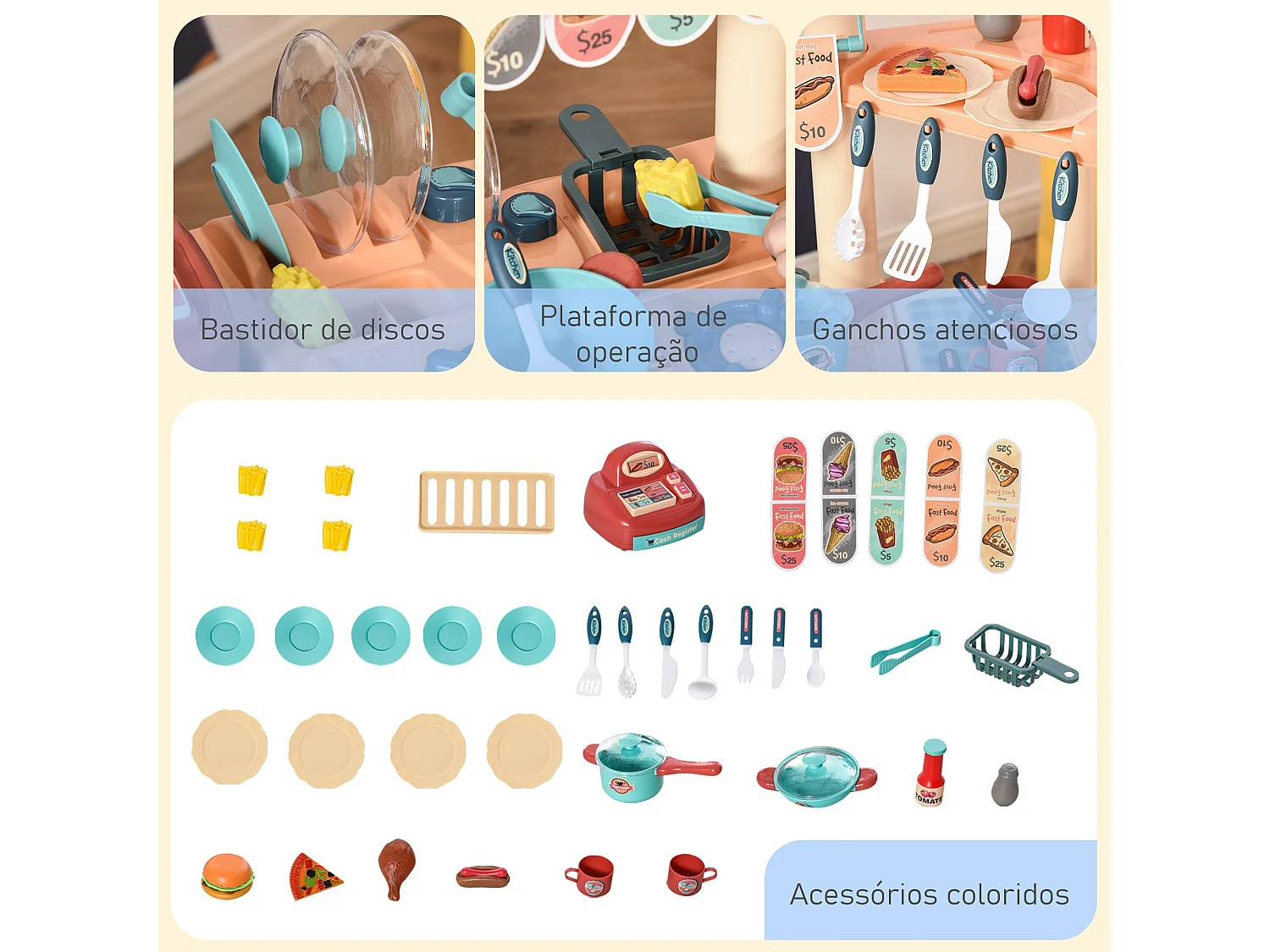 Cozinha de Brinquedo Multicolorida HOMCOM para Crianças de 3 a 6 Anos com 50 Acessórios