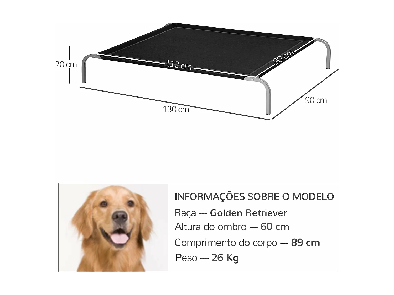 Cama Elevada PawHut para Cães e Gatos - Estrutura Resistente e Tecido Transpirável, 130x90 cm, Preto
