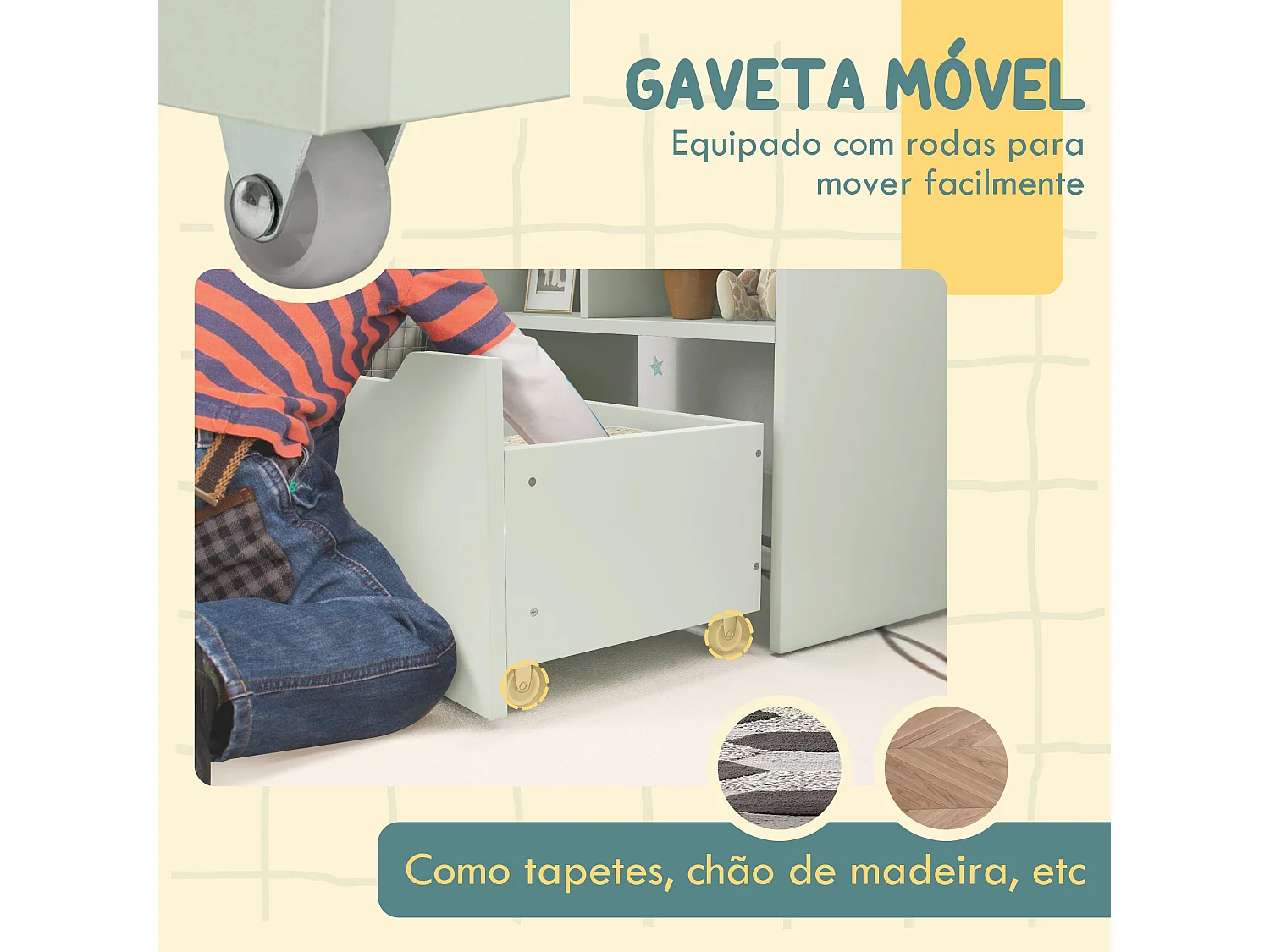 Estante Infantil Multifuncional HOMCOM em Madeira com 3 Compartimentos e Gaveta Móvel Verde