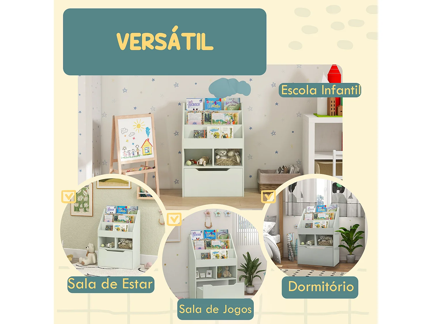 Estante Infantil Multifuncional HOMCOM em Madeira com 3 Compartimentos e Gaveta Móvel Verde