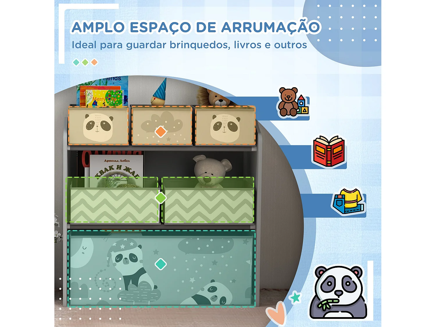 Estante ZONEKIZ para Brinquedos com 6 Caixas de Tecido - Organizador Infantil 63x30x66 cm