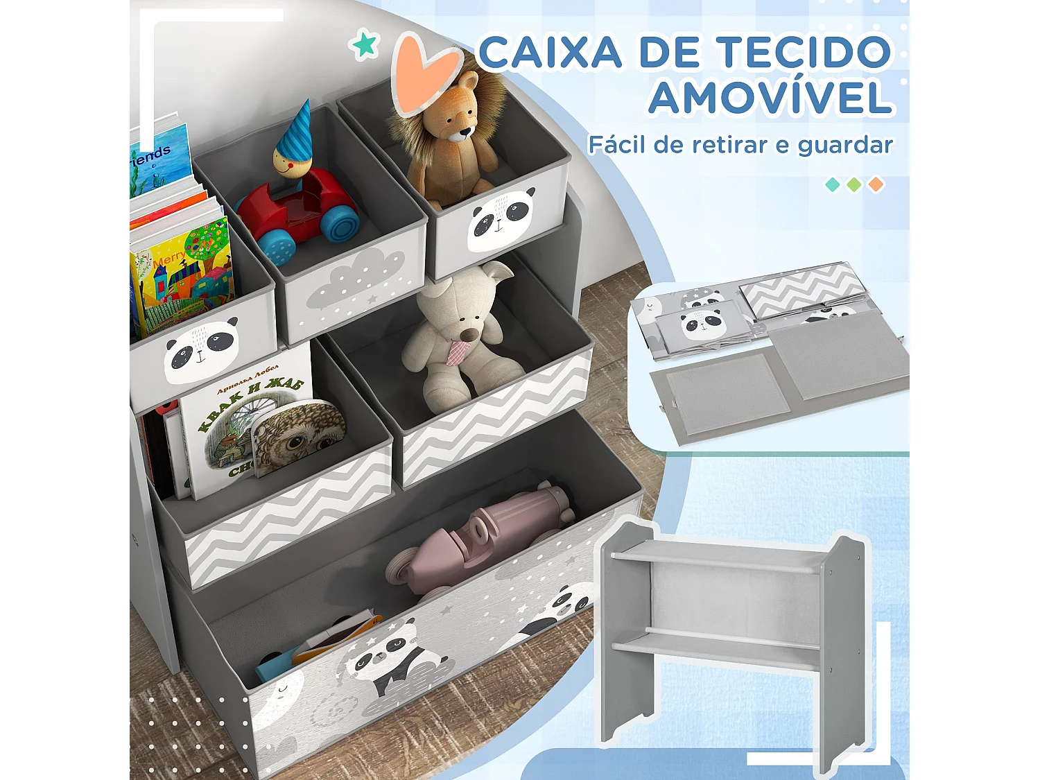Estante ZONEKIZ para Brinquedos com 6 Caixas de Tecido - Organizador Infantil 63x30x66 cm