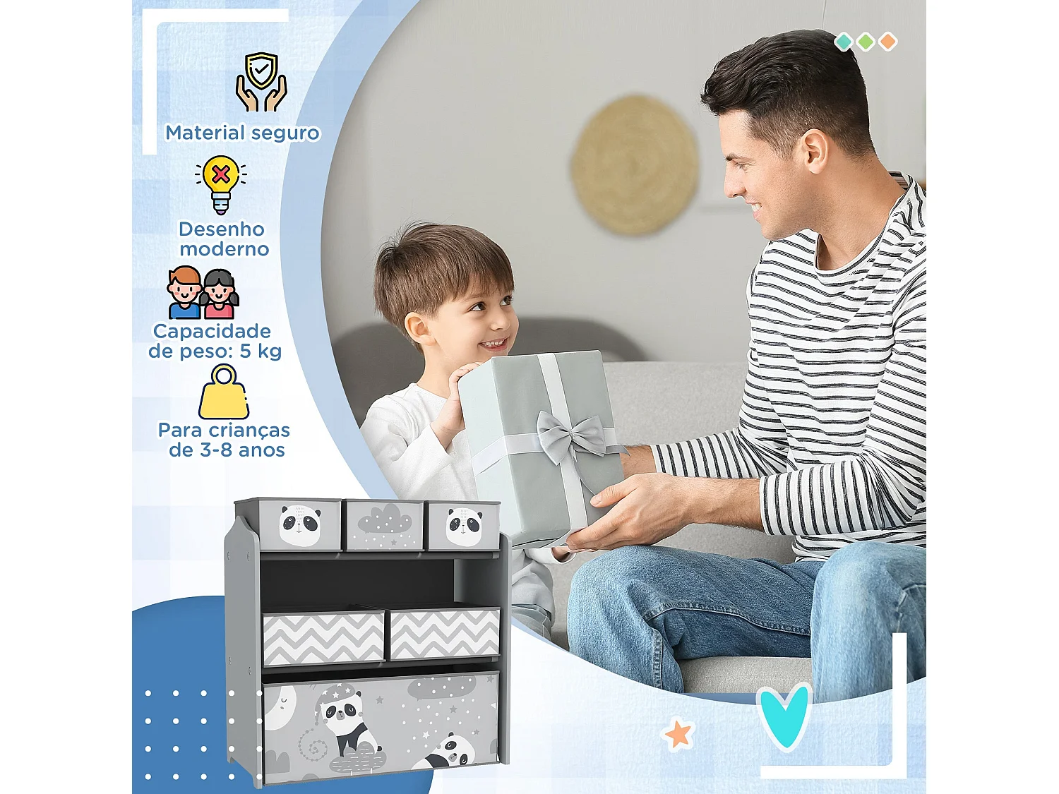 Estante ZONEKIZ para Brinquedos com 6 Caixas de Tecido - Organizador Infantil 63x30x66 cm