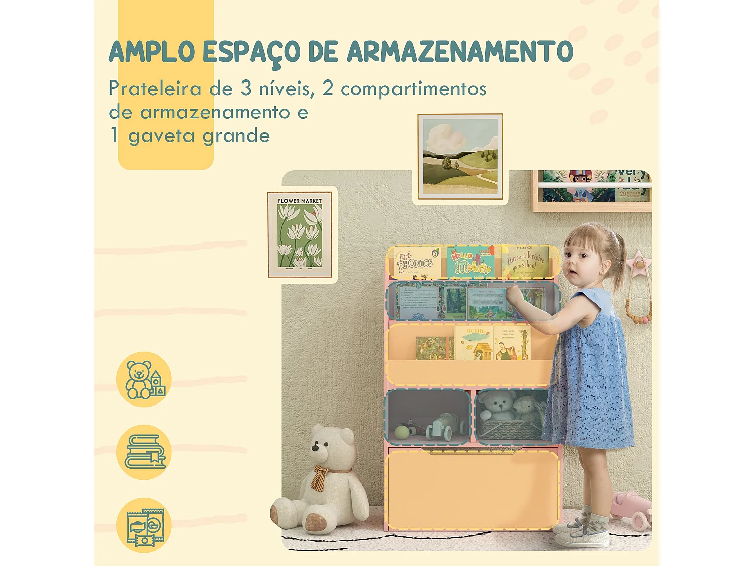 Estante Infantil Rosa HOMCOM com 3 Compartimentos, 2 Prateleiras e Gaveta Móvel com Rodas