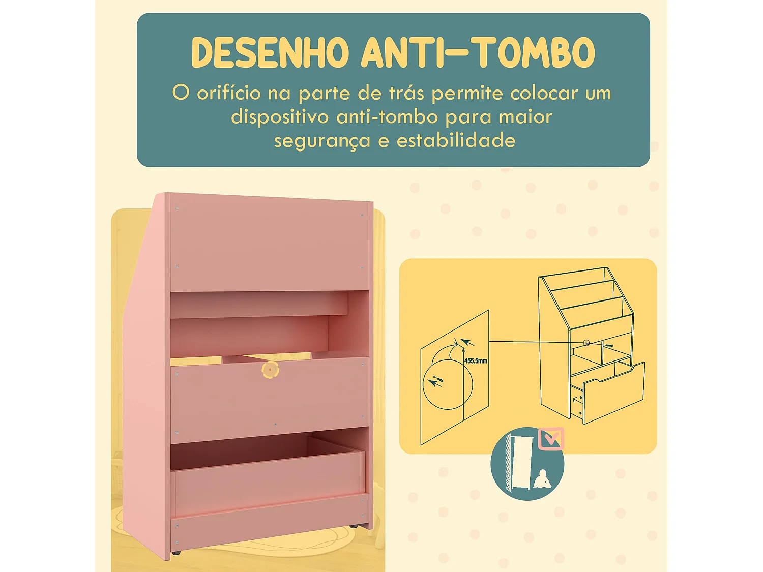 Estante Infantil Rosa HOMCOM com 3 Compartimentos, 2 Prateleiras e Gaveta Móvel com Rodas