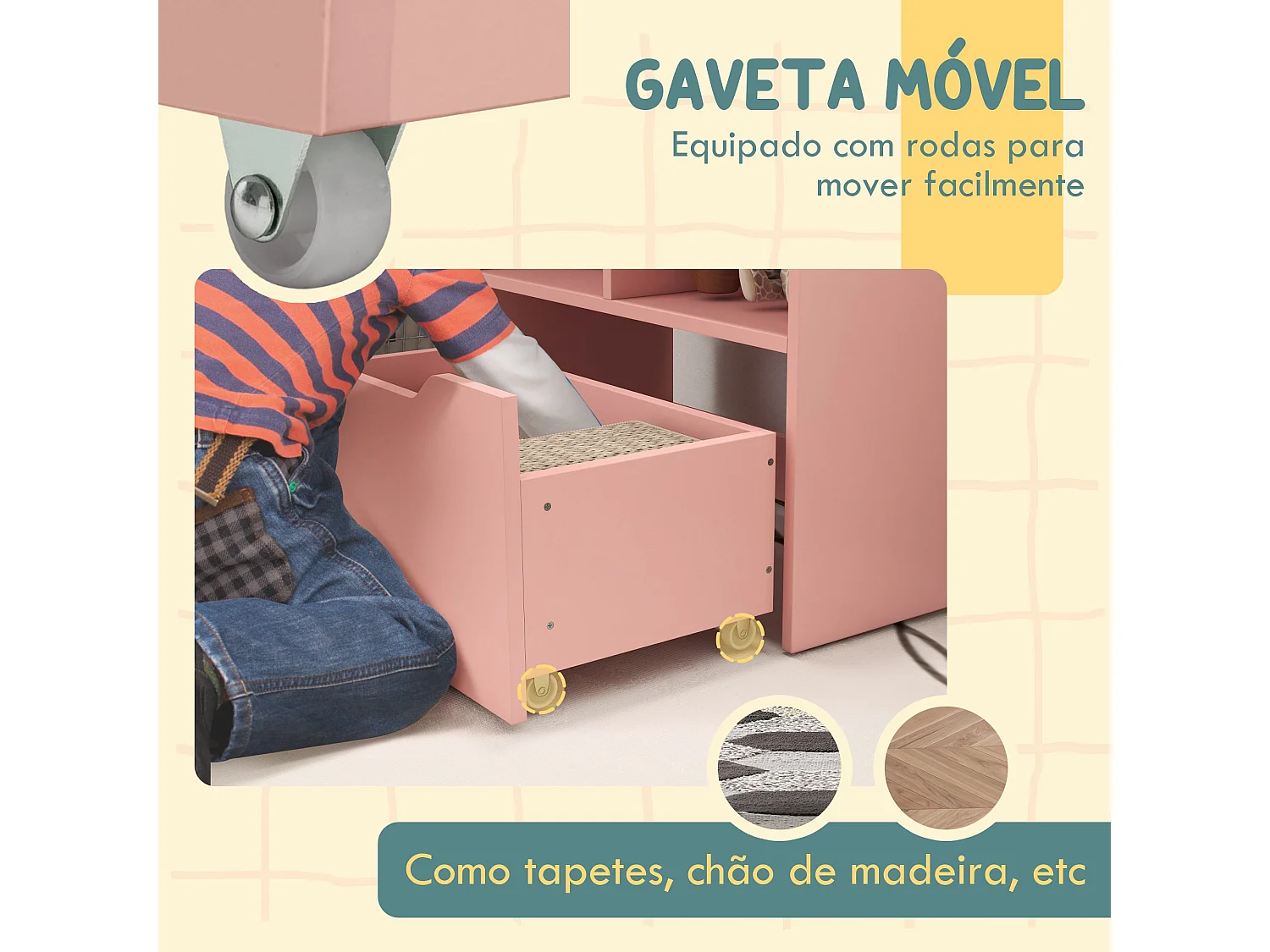 Estante Infantil Rosa HOMCOM com 3 Compartimentos, 2 Prateleiras e Gaveta Móvel com Rodas