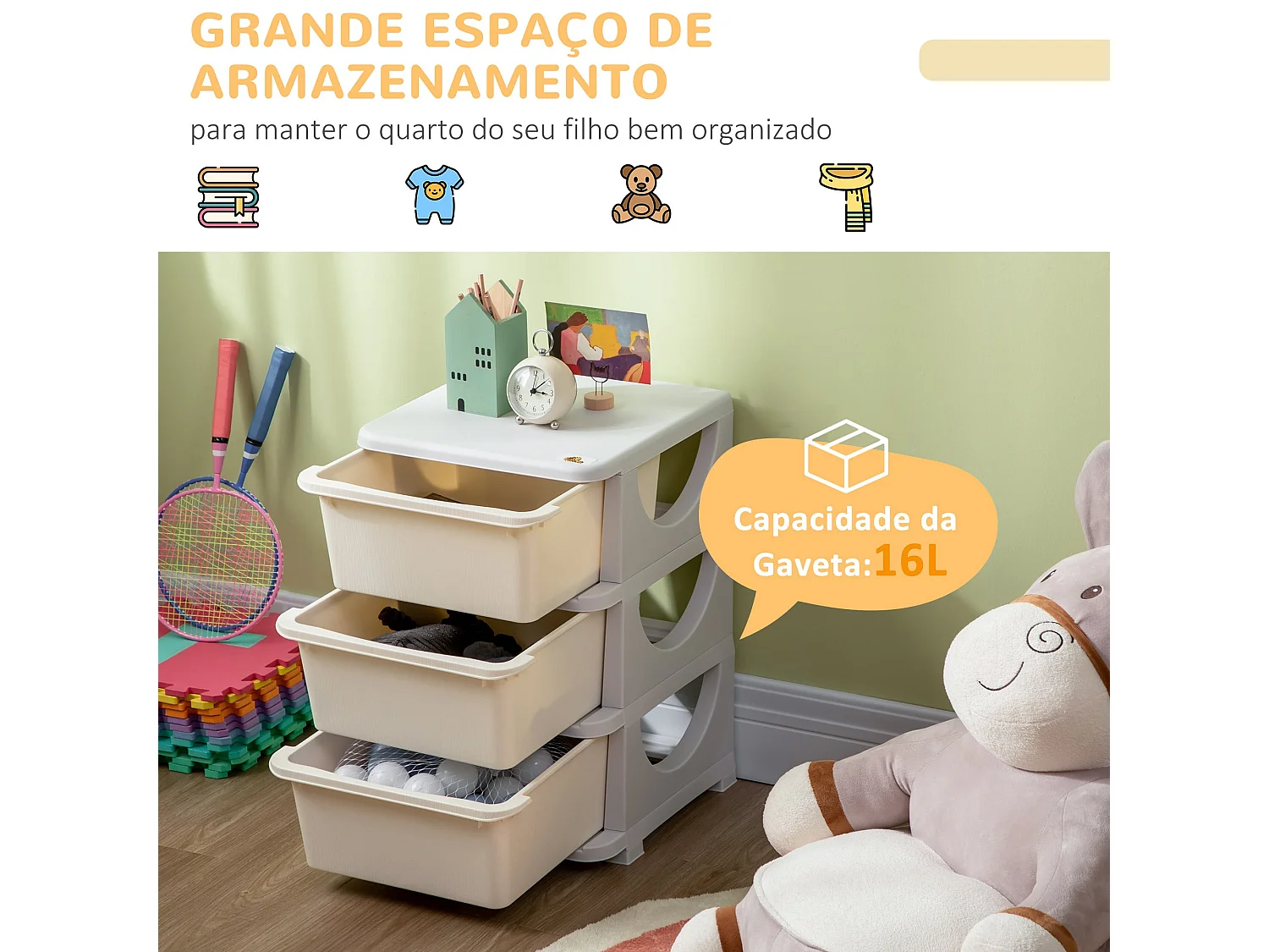 Organizador de Brinquedos HOMCOM para Crianças com 3 Gavetas - Prático e Seguro - 37x37x56,5 cm Bege