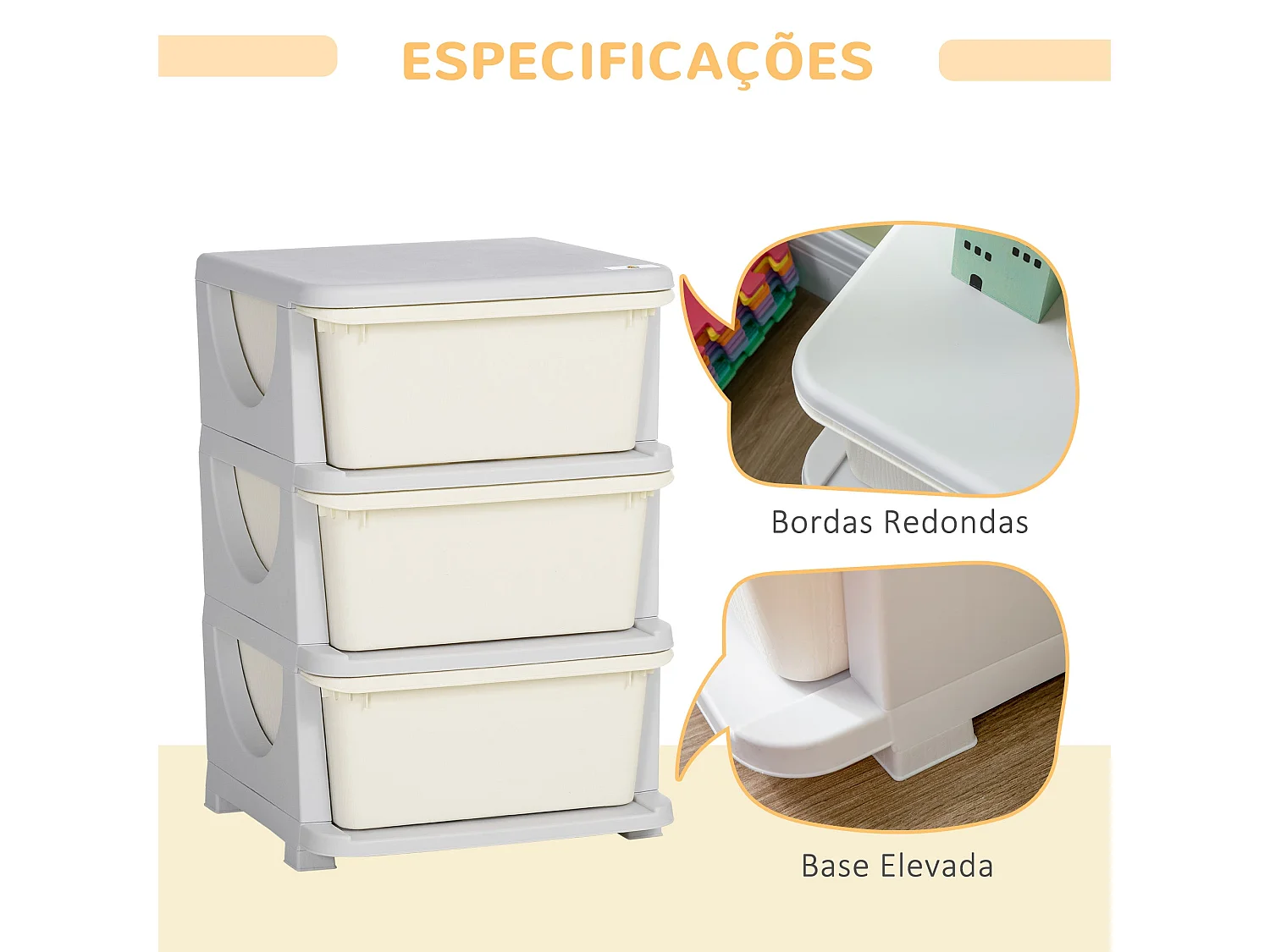 Organizador de Brinquedos HOMCOM para Crianças com 3 Gavetas - Prático e Seguro - 37x37x56,5 cm Bege