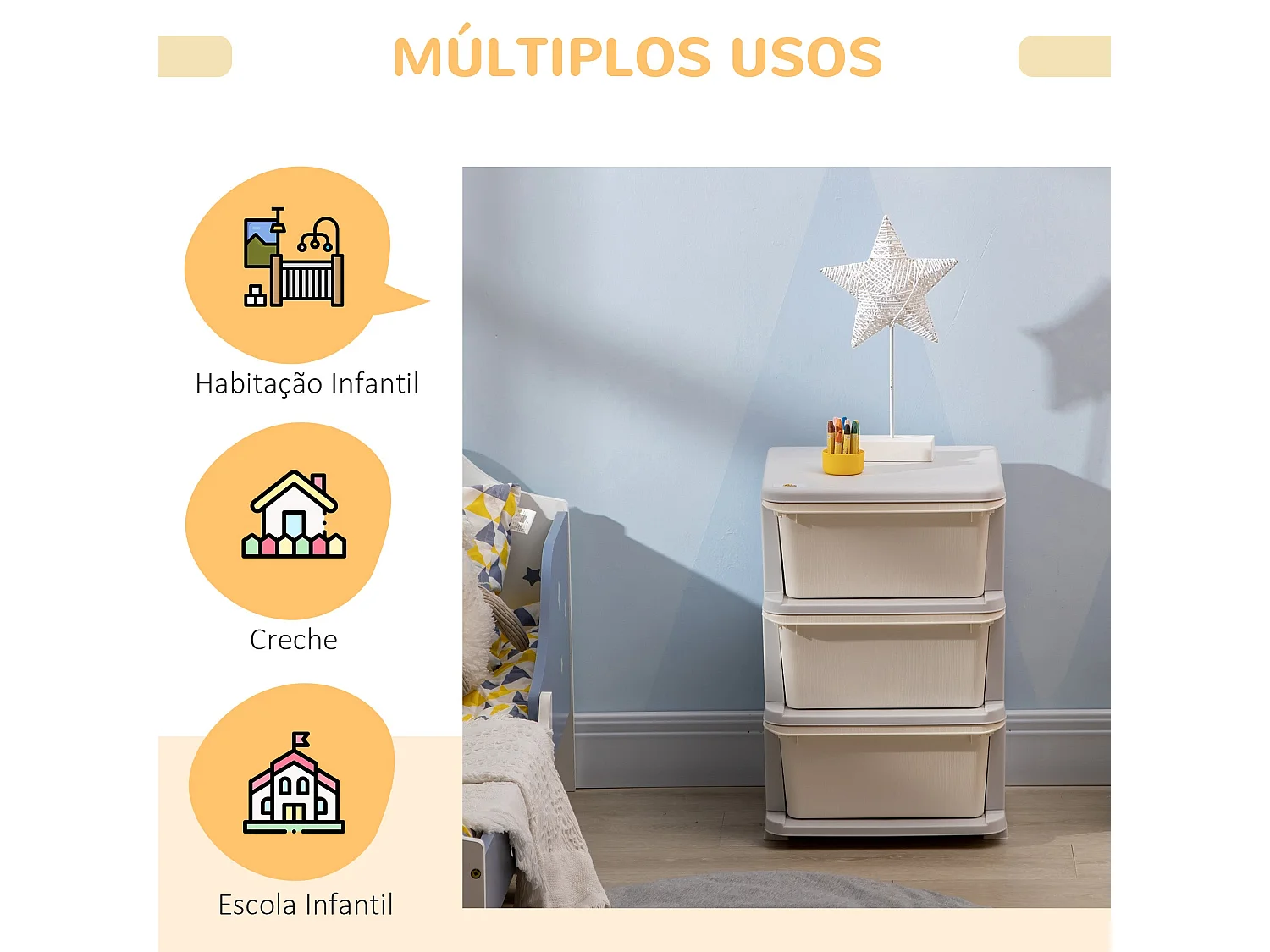 Organizador de Brinquedos HOMCOM para Crianças com 3 Gavetas - Prático e Seguro - 37x37x56,5 cm Bege