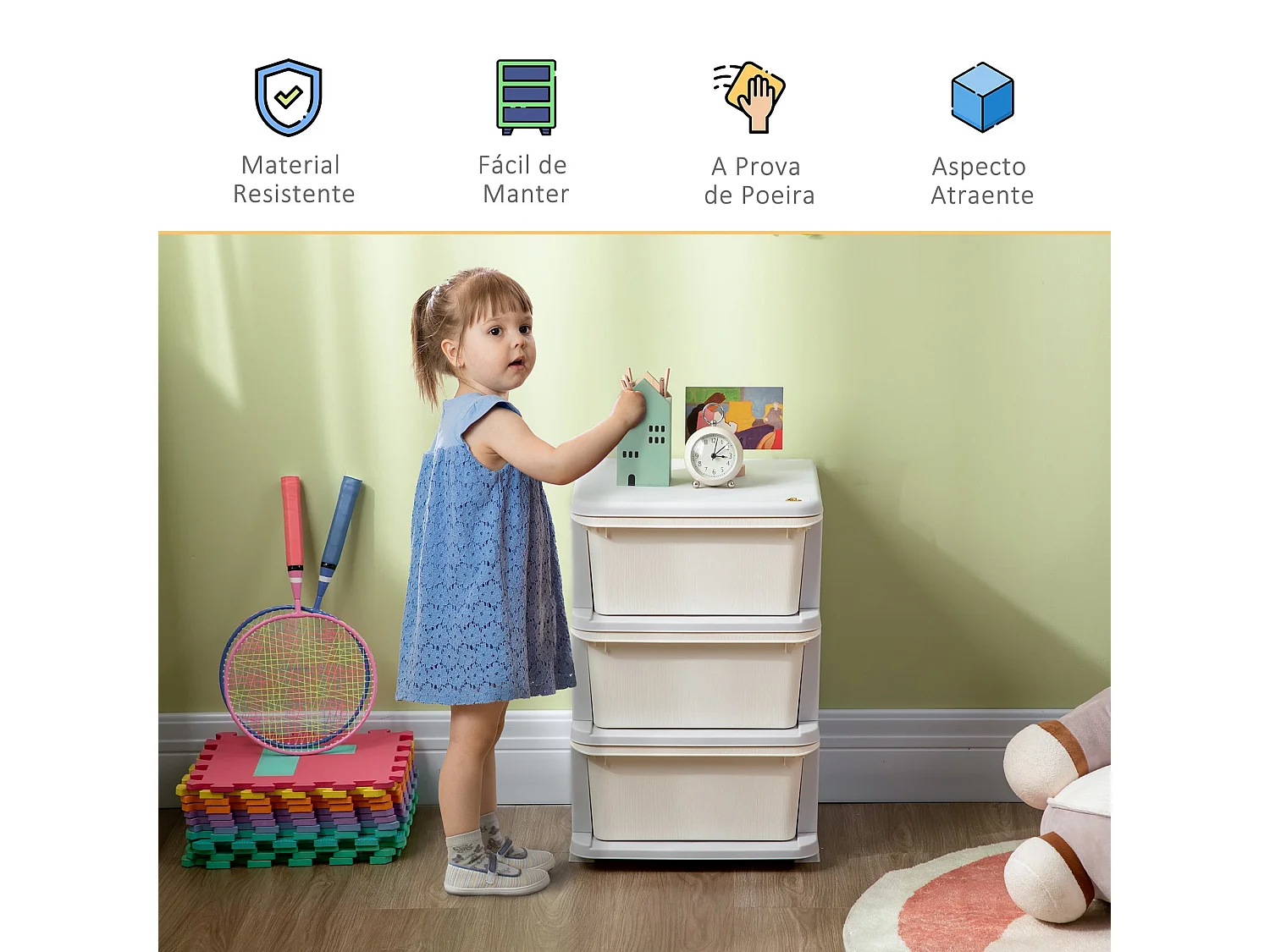 Organizador de Brinquedos HOMCOM para Crianças com 3 Gavetas - Prático e Seguro - 37x37x56,5 cm Bege