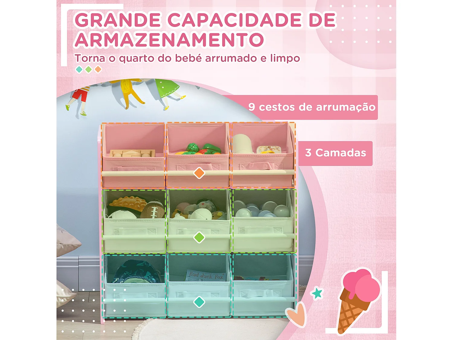 Estante ZONEKIZ para Brinquedos com 9 Caixas Rosa - Organizador Infantil Prático e Charmoso