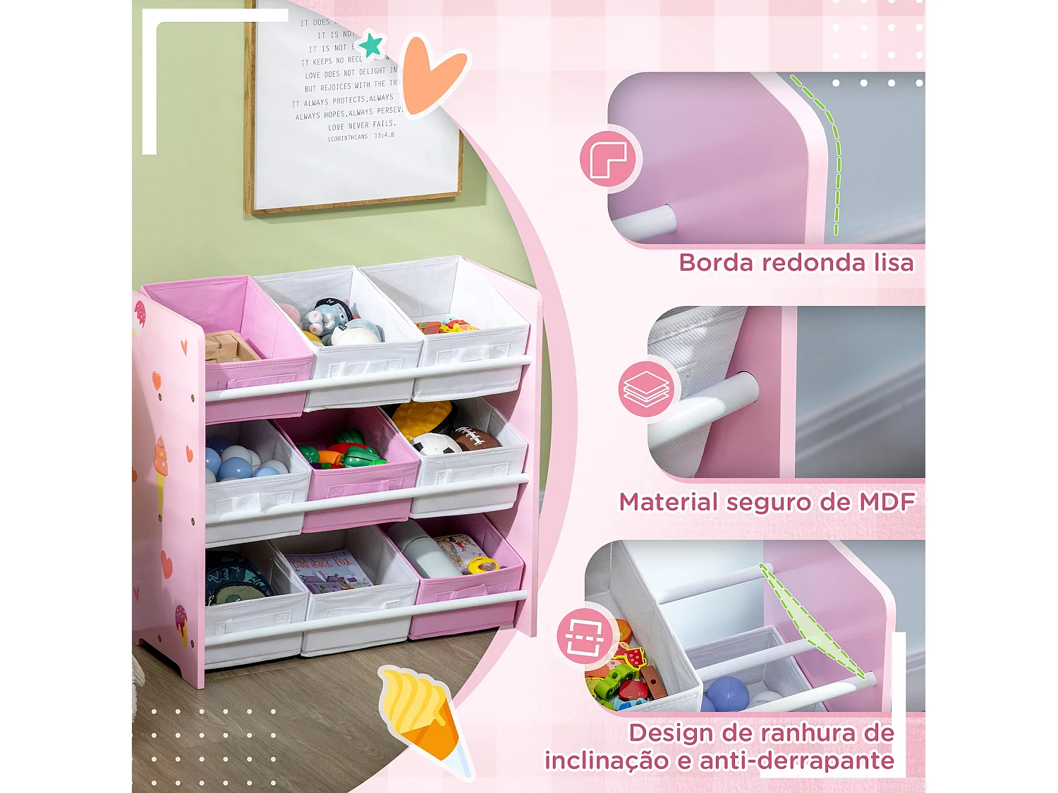 Estante ZONEKIZ para Brinquedos com 9 Caixas Rosa - Organizador Infantil Prático e Charmoso