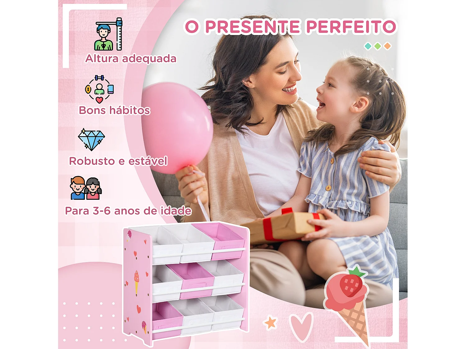 Estante ZONEKIZ para Brinquedos com 9 Caixas Rosa - Organizador Infantil Prático e Charmoso
