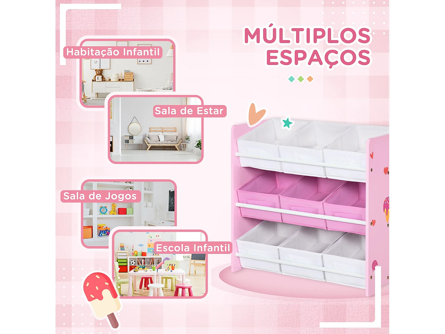 Estante ZONEKIZ para Brinquedos com 9 Caixas Rosa - Organizador Infantil Prático e Charmoso