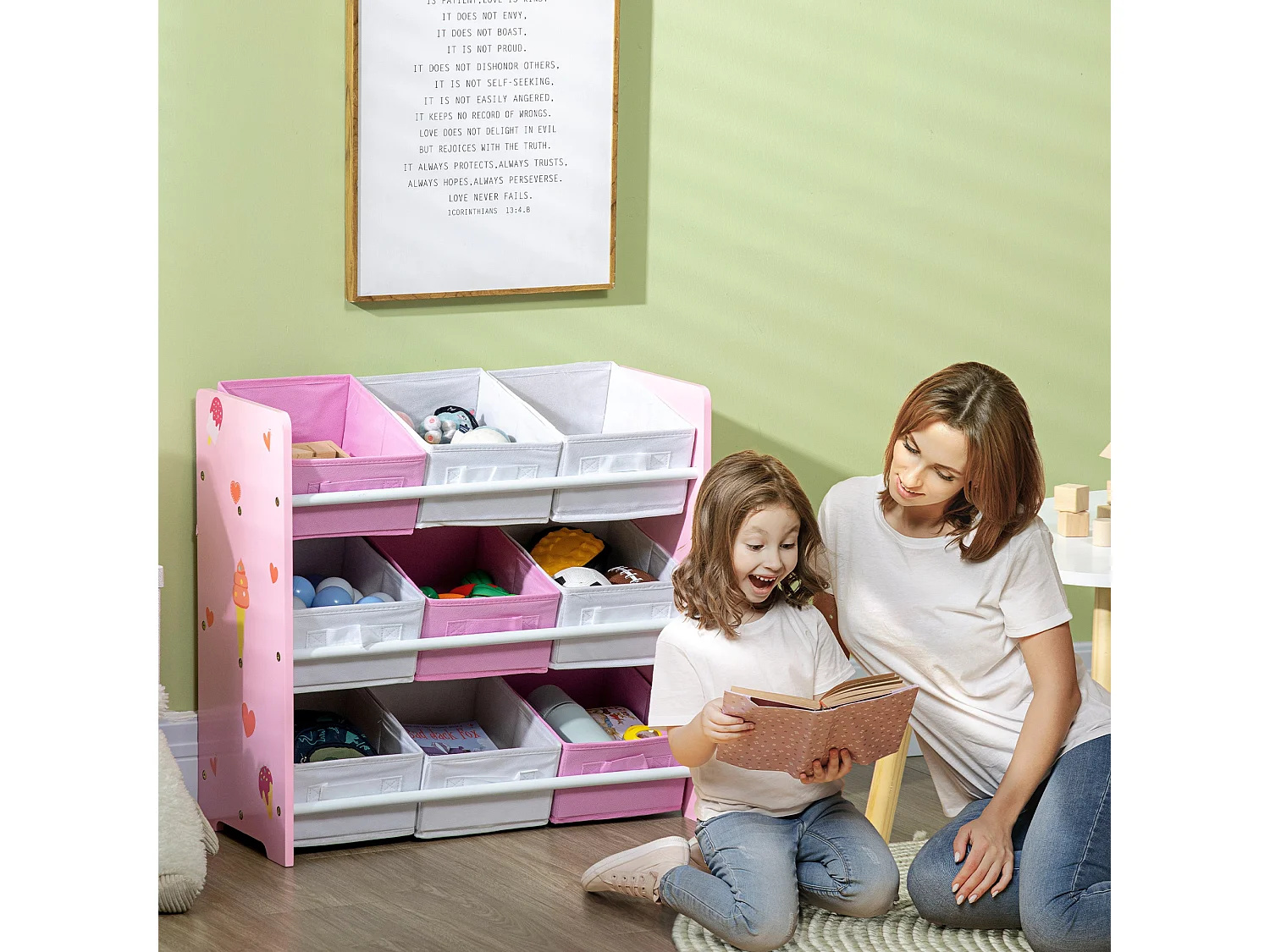 Estante ZONEKIZ para Brinquedos com 9 Caixas Rosa - Organizador Infantil Prático e Charmoso