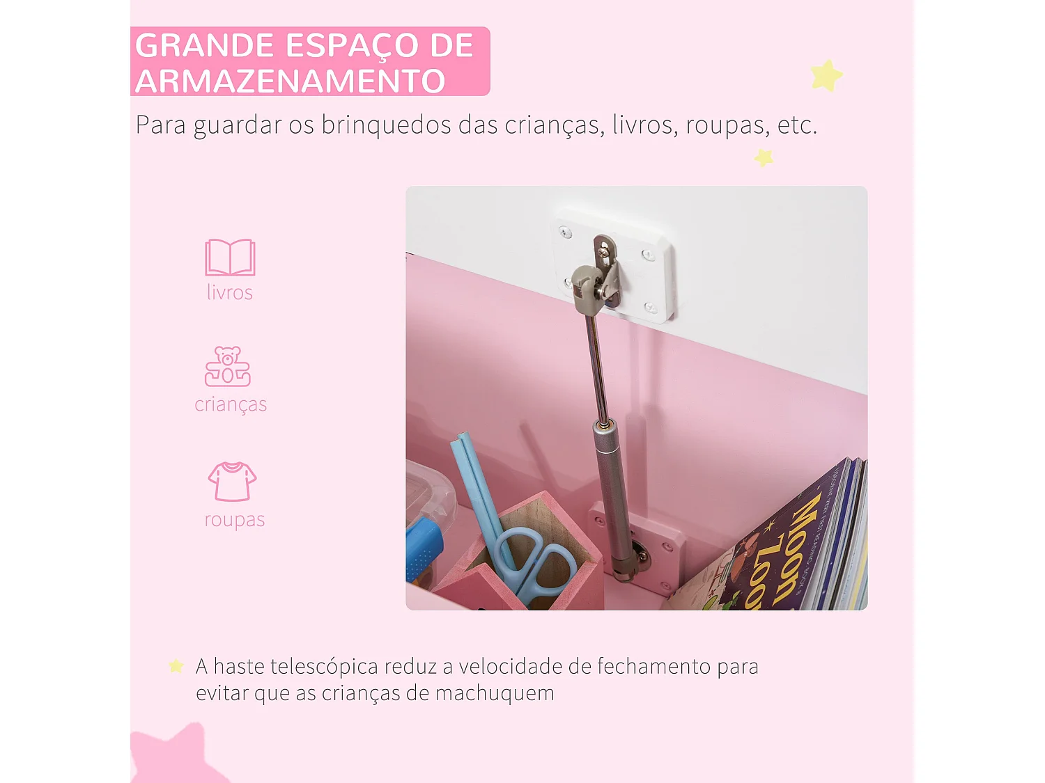 HOMCOM Baú de Brinquedos e Banco Infantil de Madeira Rosa com Encosto e Tampa Amortecida 60x30x50 cm
