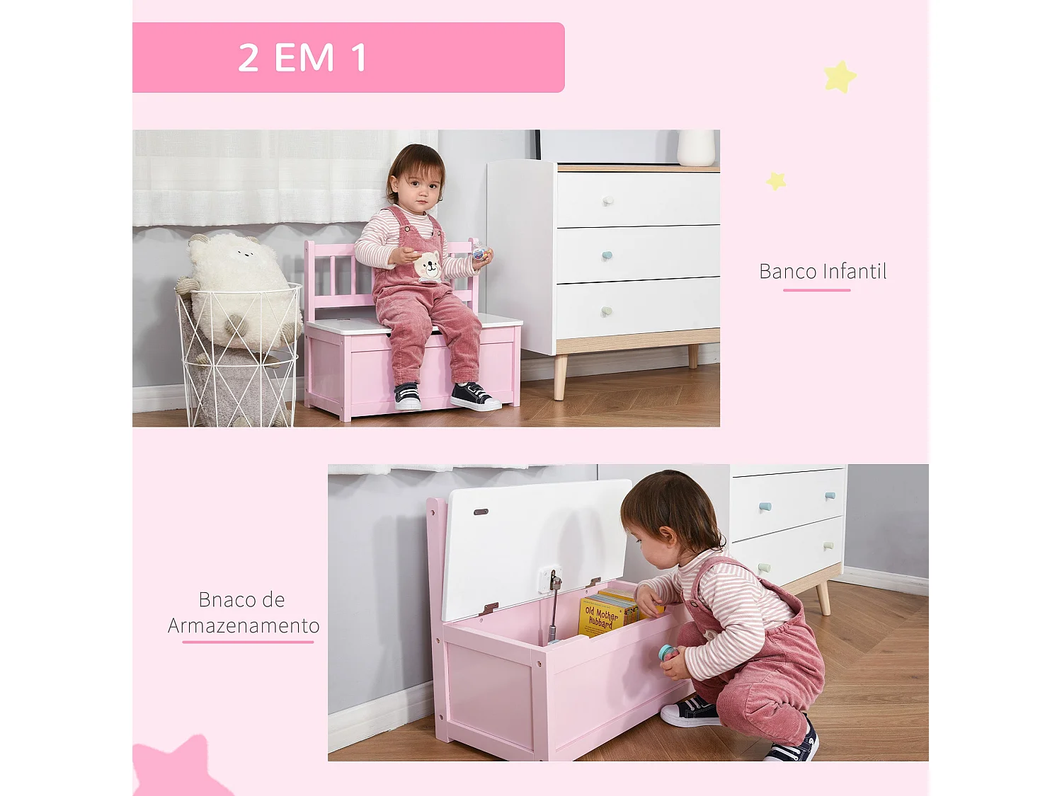 HOMCOM Baú de Brinquedos e Banco Infantil de Madeira Rosa com Encosto e Tampa Amortecida 60x30x50 cm