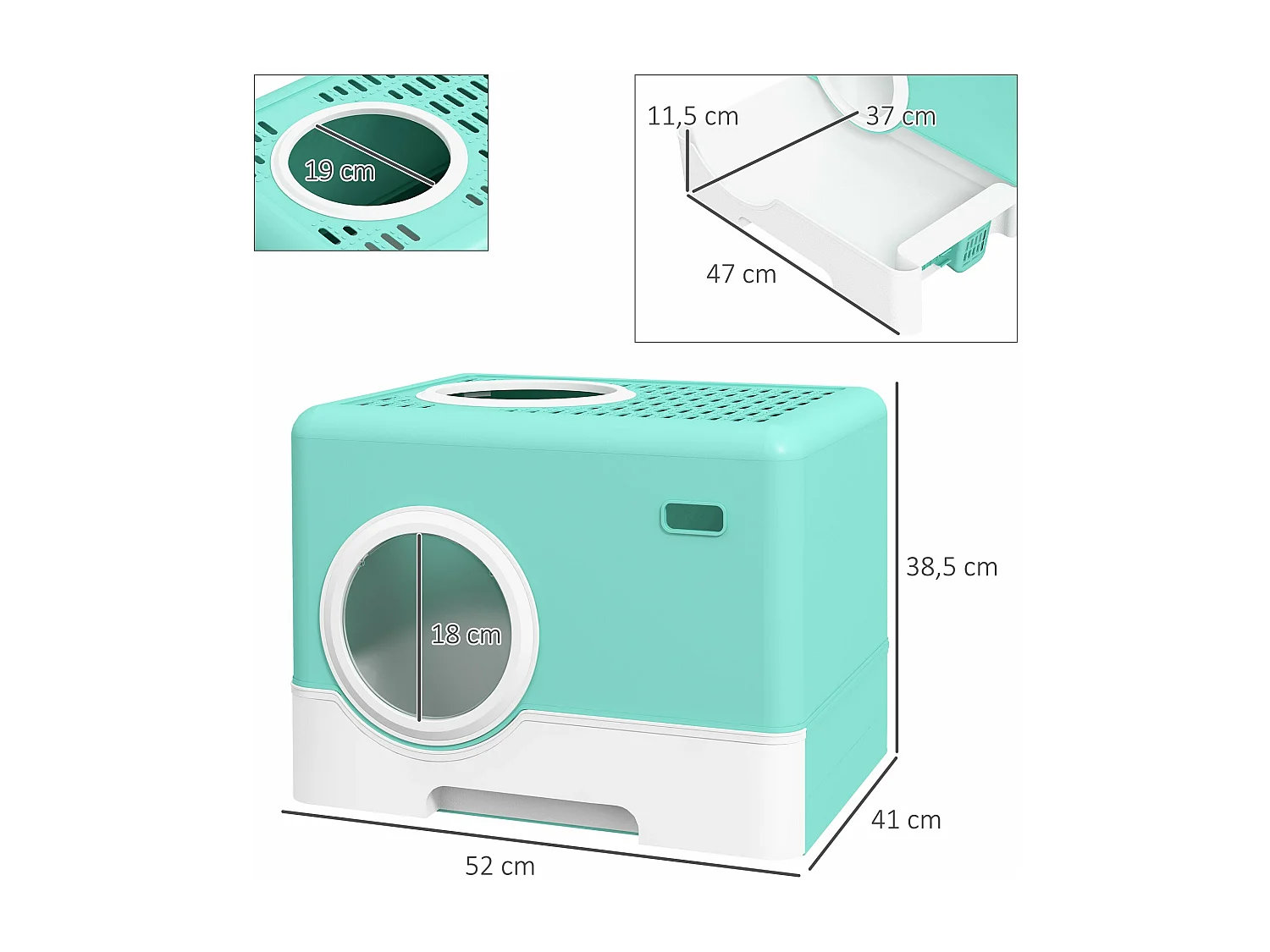 PawHut Caixa de Areia para Gatos com Bandeja Removível e Entrada Frontal Verde 52x41x38,5 cm