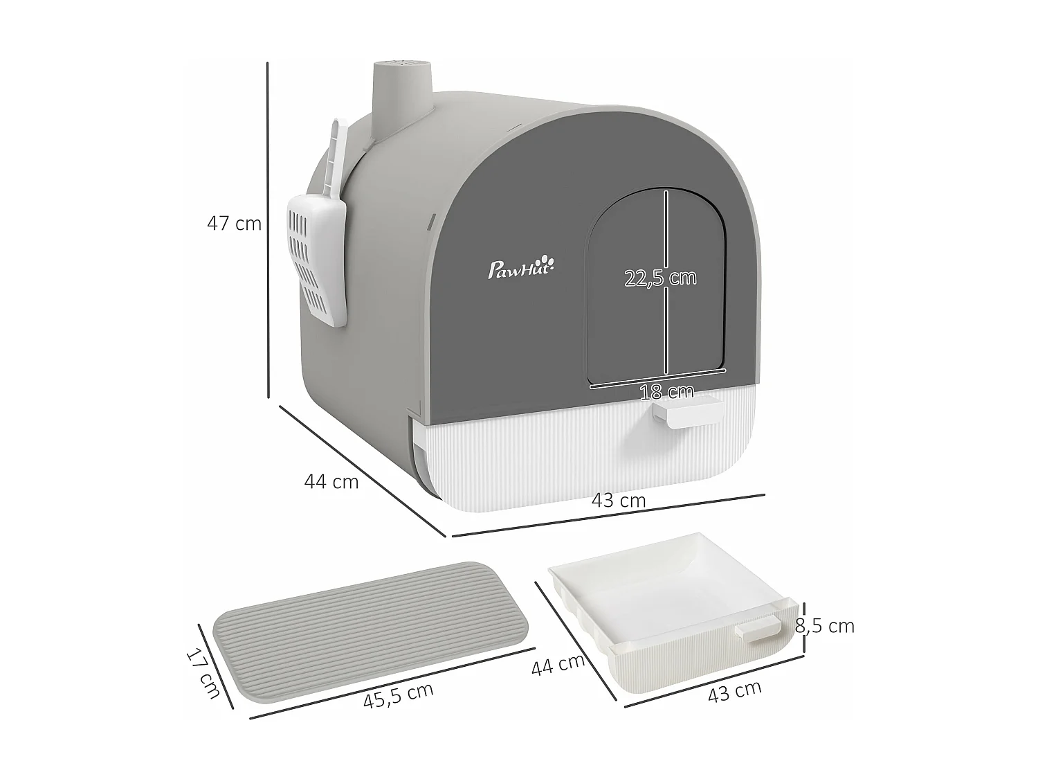 Caixa de Areia Fechada para Gatos PawHut com Porta, Bandeja Removível e Filtro Desodorizante - Cinza