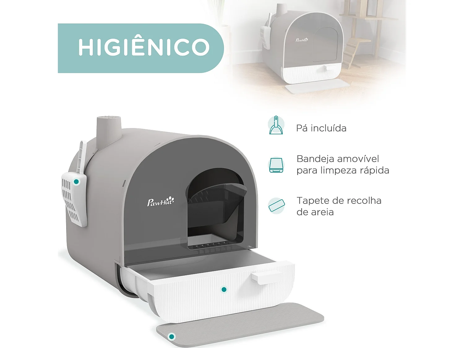 Caixa de Areia Fechada para Gatos PawHut com Porta, Bandeja Removível e Filtro Desodorizante - Cinza