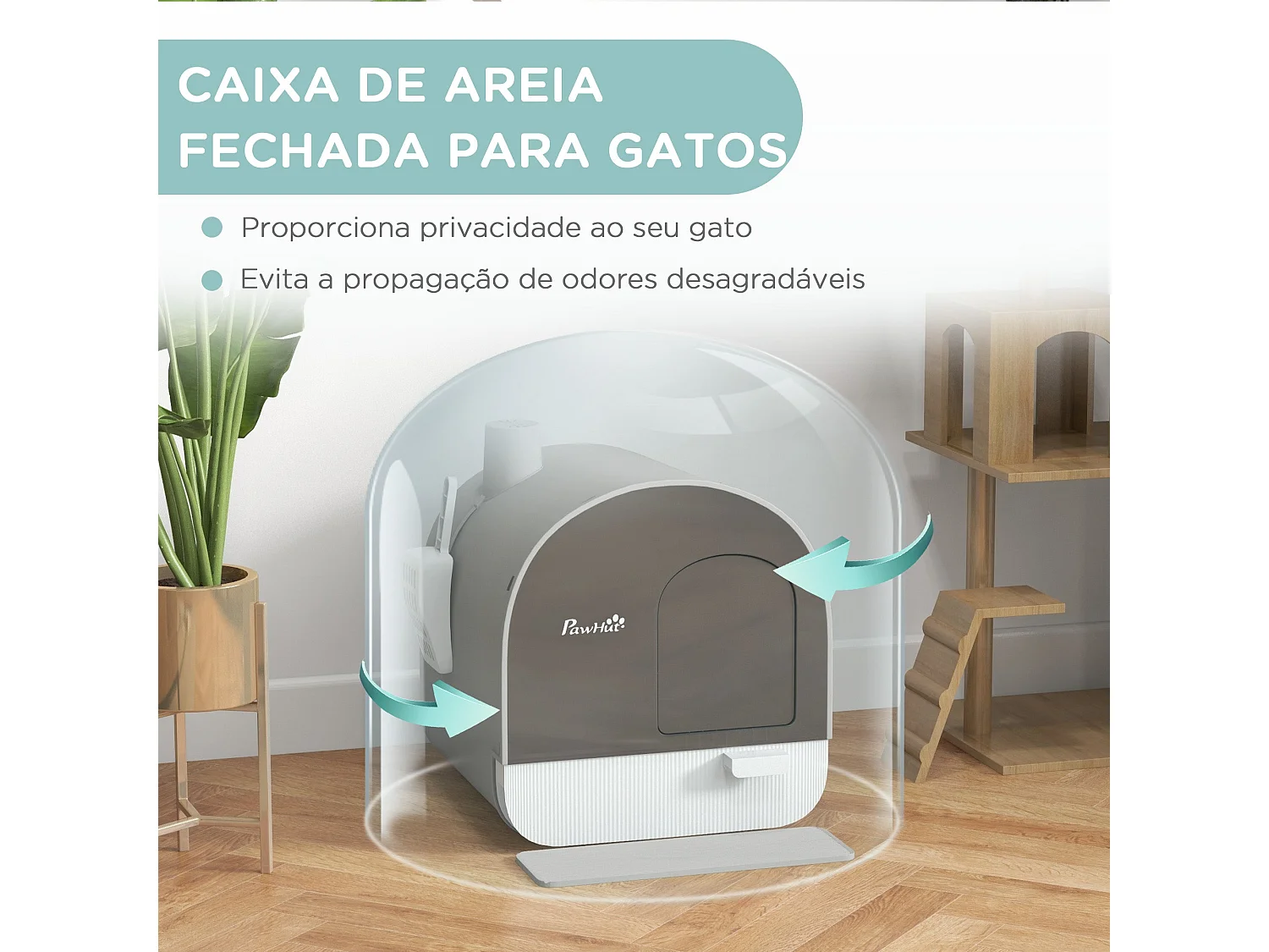 Caixa de Areia Fechada para Gatos PawHut com Porta, Bandeja Removível e Filtro Desodorizante - Cinza