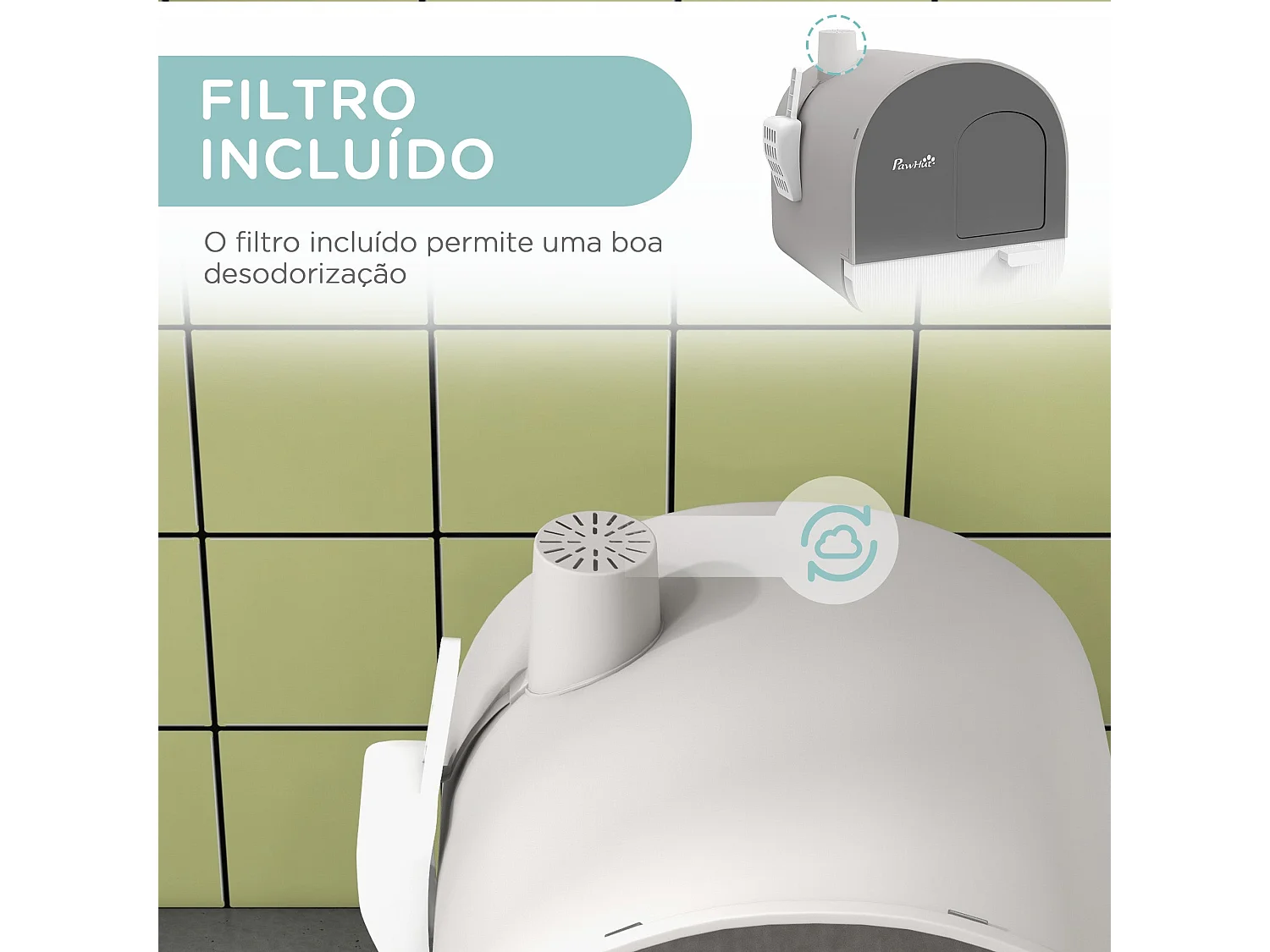 Caixa de Areia Fechada para Gatos PawHut com Porta, Bandeja Removível e Filtro Desodorizante - Cinza