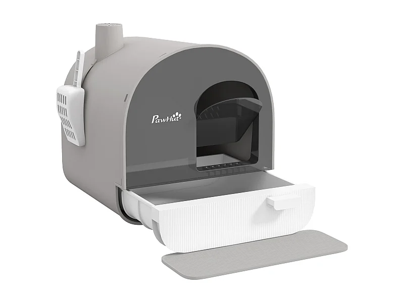 Caixa de Areia Fechada para Gatos PawHut com Porta, Bandeja Removível e Filtro Desodorizante - Cinza