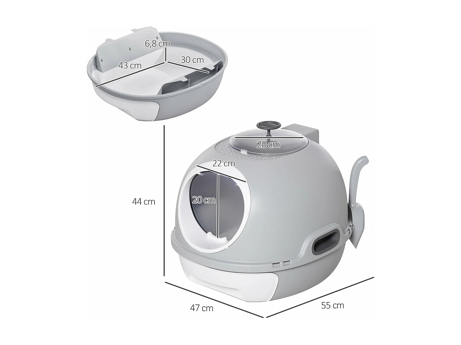 Caixa de Areia Fechada para Gatos PawHut com Clarabóia e Bandeja Removível 47x55x44 cm Cinza