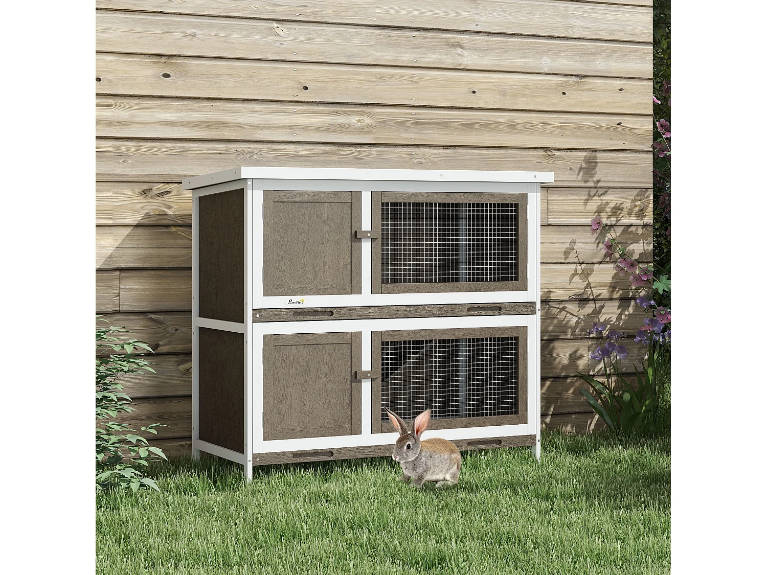 Gaiola de Madeira PawHut para Coelhos de 2 Andares com Teto Asfáltico e Acessórios Práticos