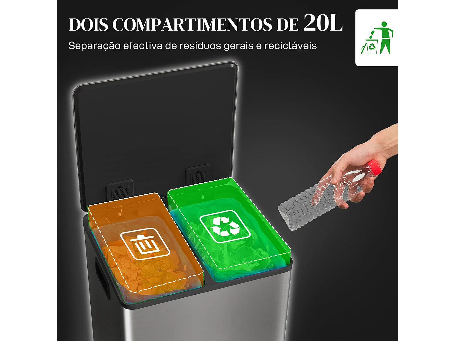 Lixeira de Cozinha HOMCOM com 2 Compartimentos de 20L em Aço Inoxidável com Fecho Suave