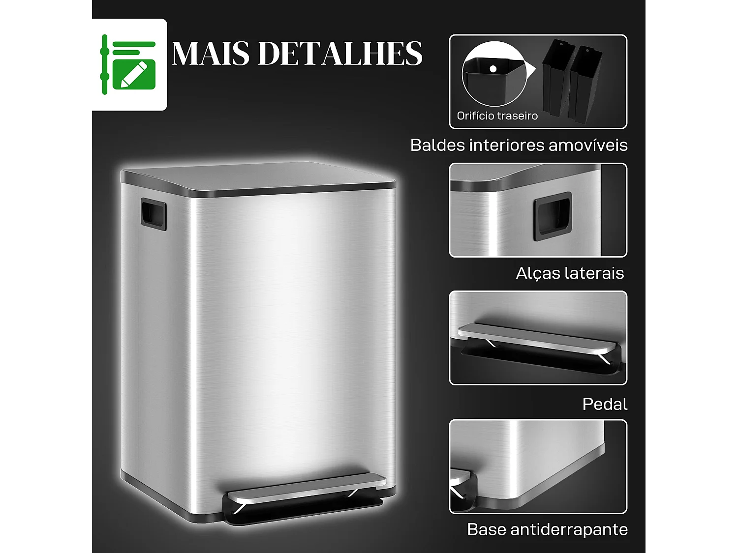 Lixeira de Cozinha HOMCOM com 2 Compartimentos de 20L em Aço Inoxidável com Fecho Suave