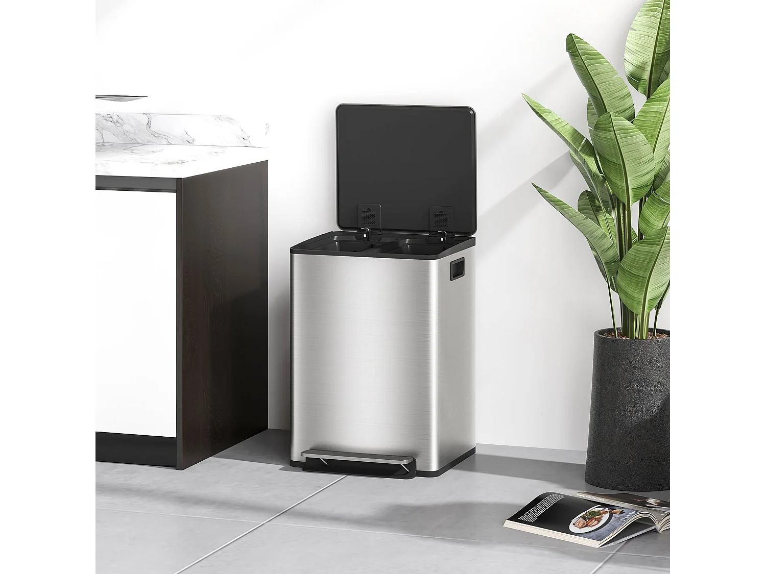 Lixeira de Cozinha HOMCOM com 2 Compartimentos de 20L em Aço Inoxidável com Fecho Suave