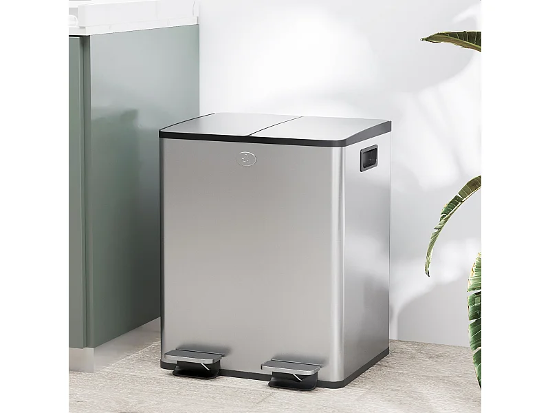 Lixeira de Cozinha HOMCOM com 2 Compartimentos de 20L em Aço Inoxidável com Pedal e Tampa Silenciosa