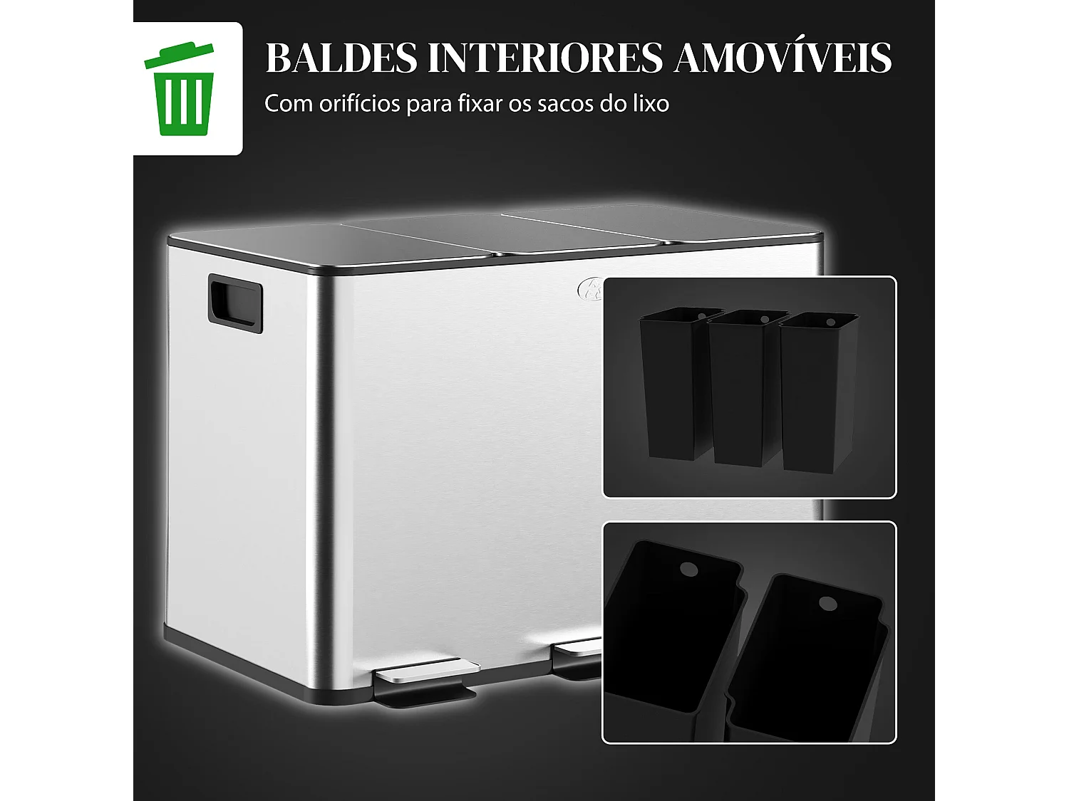 HOMCOM Balde de Lixo Triplo de Aço Inoxidável com 3 Compartimentos e Pedais para Cozinha e Escritório
