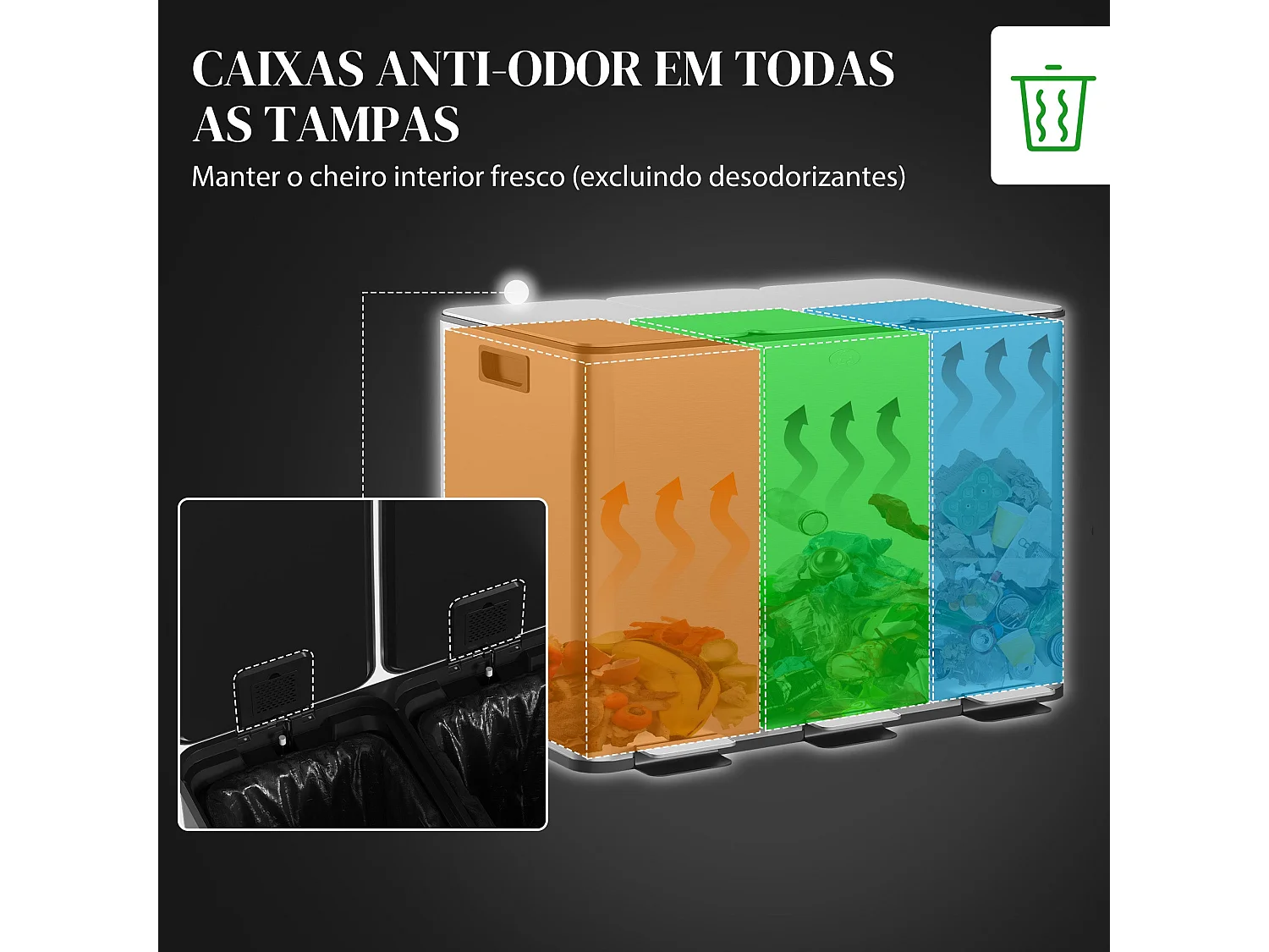 HOMCOM Balde de Lixo Triplo de Aço Inoxidável com 3 Compartimentos e Pedais para Cozinha e Escritório