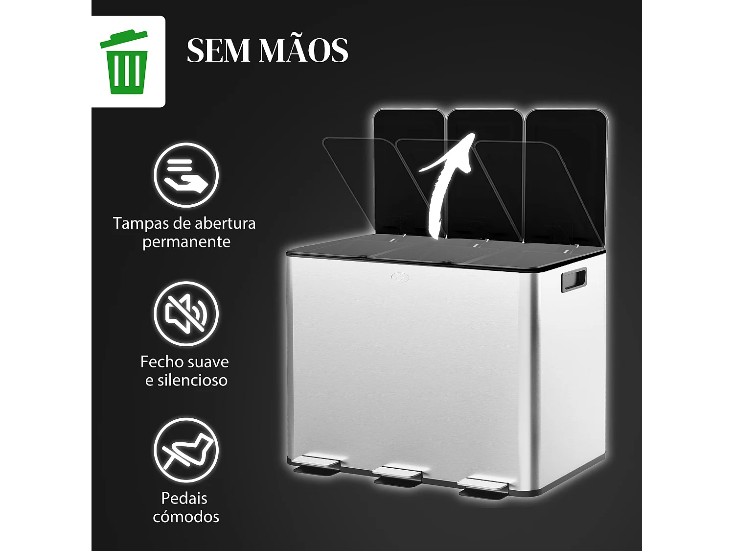HOMCOM Balde de Lixo Triplo de Aço Inoxidável com 3 Compartimentos e Pedais para Cozinha e Escritório