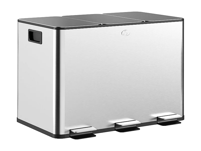 HOMCOM Balde de Lixo Triplo de Aço Inoxidável com 3 Compartimentos e Pedais para Cozinha e Escritório