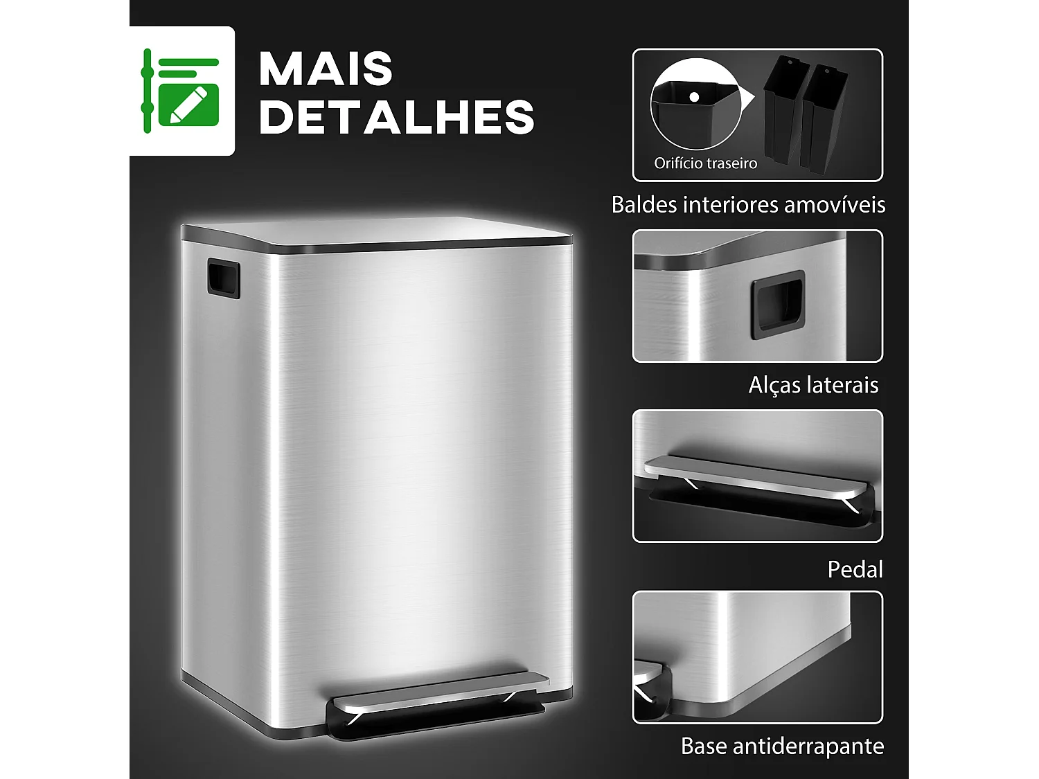 Lixeira de Cozinha HOMCOM com 2 Compartimentos de 30L em Aço Inoxidável com Pedal e Design Moderno